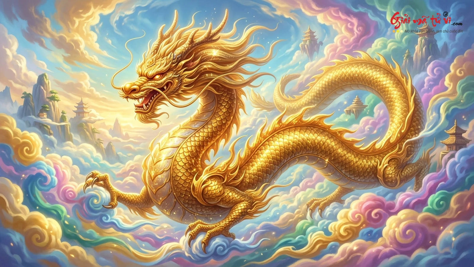 Rồng Vàng Kim Long uy nghiêm uốn lượn ẩn hiện giữa tầng mây ngũ sắc rực rỡ và tia nắng vàng hoàng kim