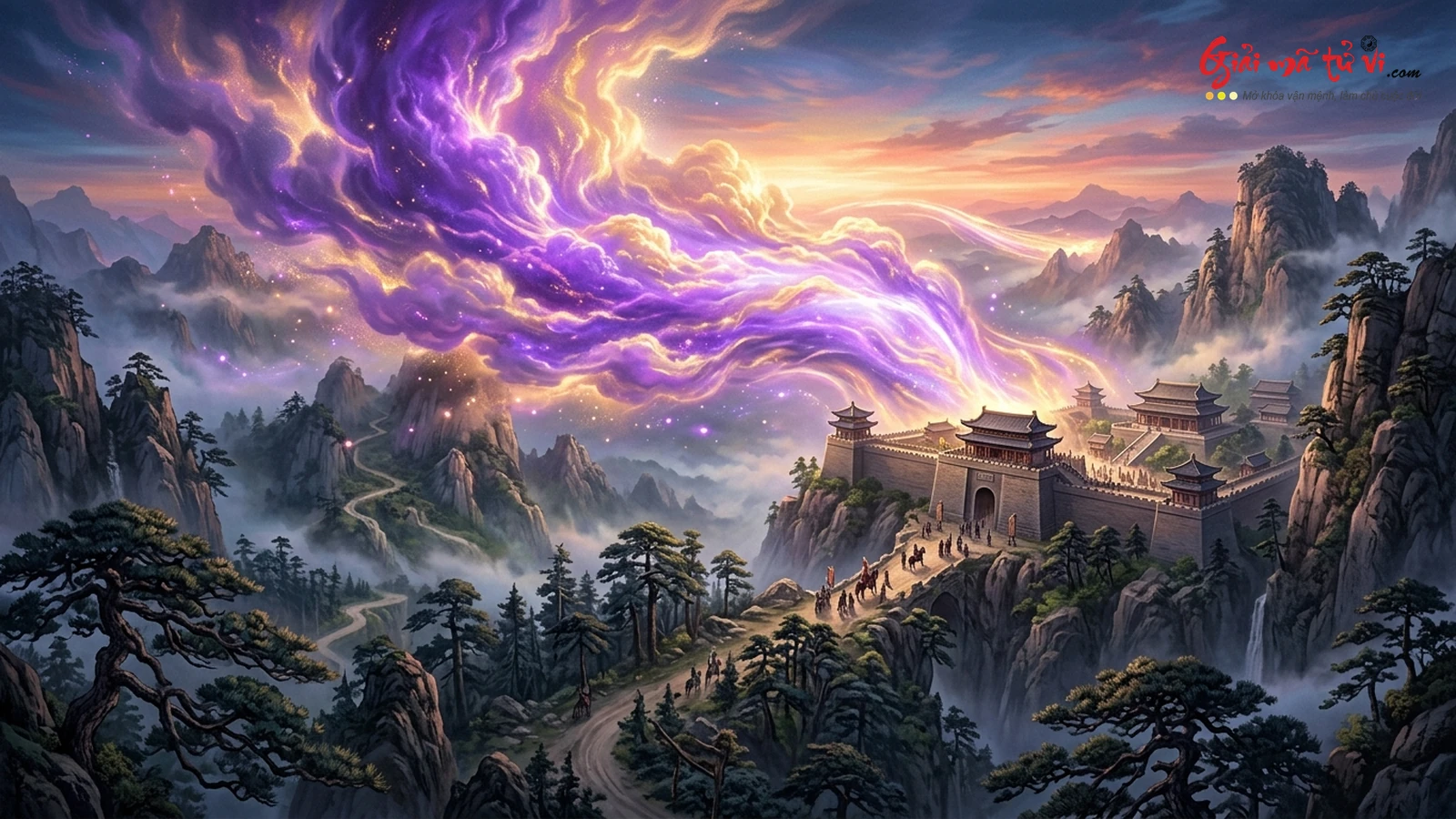 Dải mây tím hoàng kim Tử Khí Đông Lai cuộn tràn qua ải quan cổ kính và rừng thông thiêng lúc bình minh