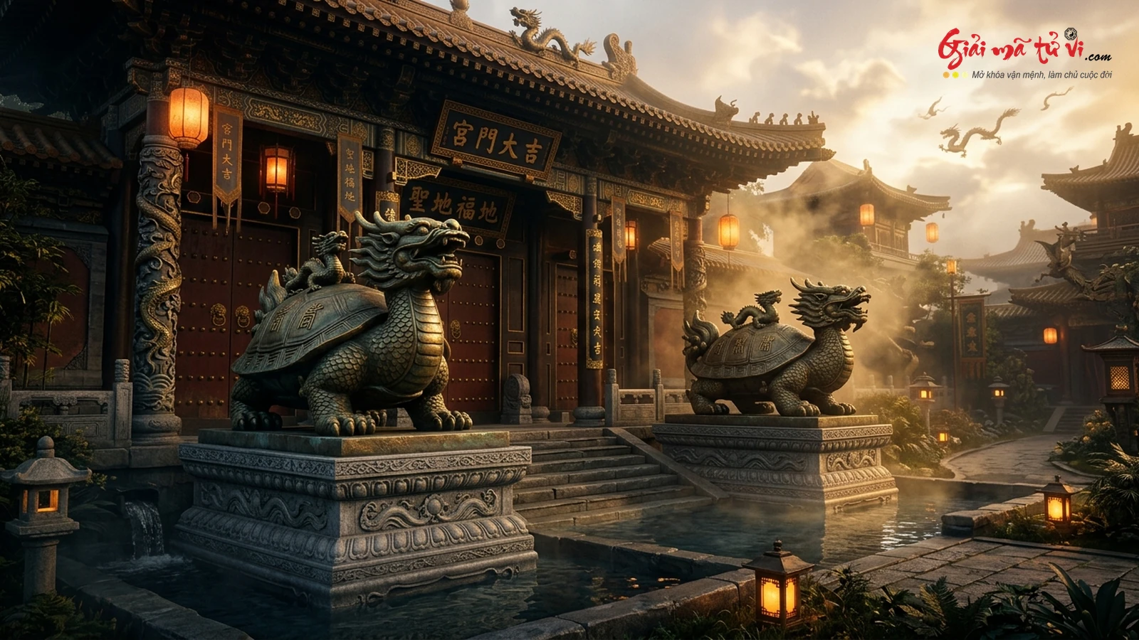 Mơ thấy Song Long Quy bằng đồng uy nghiêm trấn thủ đại môn cung đình hóa giải tà sát phong thủy