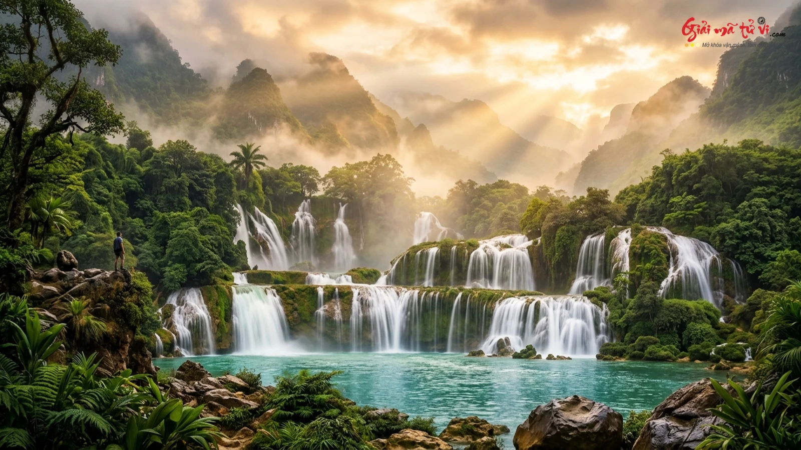 Mơ thấy thác nước hùng vĩ nhiều tầng cuộn trào giữa núi rừng thiêng ban mai và hồ nước ngọc bích