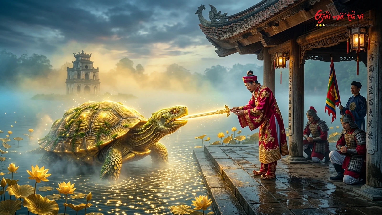 Thần Kim Quy trao kiếm báu Thuận Thiên cho đấng minh quân trên bến nước hoàng cung linh thiêng
