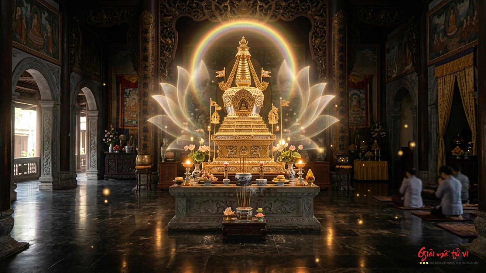 Mơ thấy tháp xá lợi tỏa hào quang cầu vồng và ánh sáng thanh tịnh trong điện thờ trang nghiêm