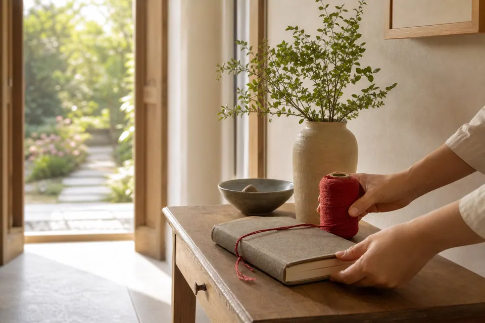 Hai tay đặt cuộn chỉ đỏ cạnh sổ đóng trên kệ gỗ, gần cửa mở ra vườn
