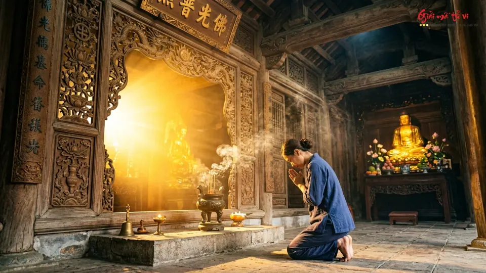 Người phụ nữ chắp tay quỳ trước bàn thờ trong gian gỗ, có tượng vàng và ánh nắng