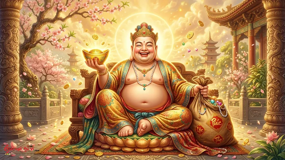 Nhân vật cười với bụng lớn, cầm thỏi vàng và túi trong khung cảnh hoa cùng kiến trúc trang trí