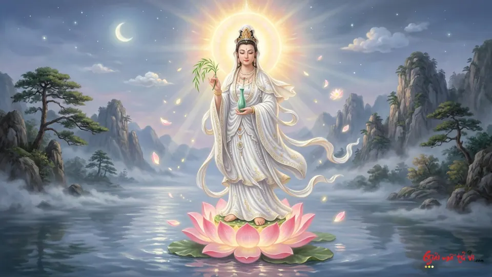 Hình tượng Quan Âm áo trắng cầm cành cây và bình xanh, đứng trên tòa sen giữa mặt nước