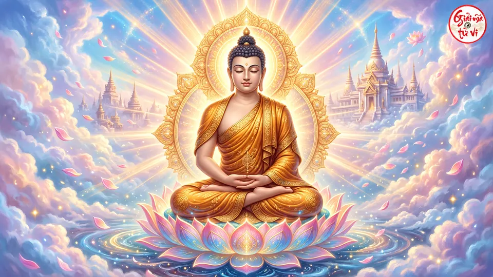 Hình tượng Phật mặc y vàng, hai tay đặt trong lòng, ngồi trên tòa sen giữa mây và ánh sáng