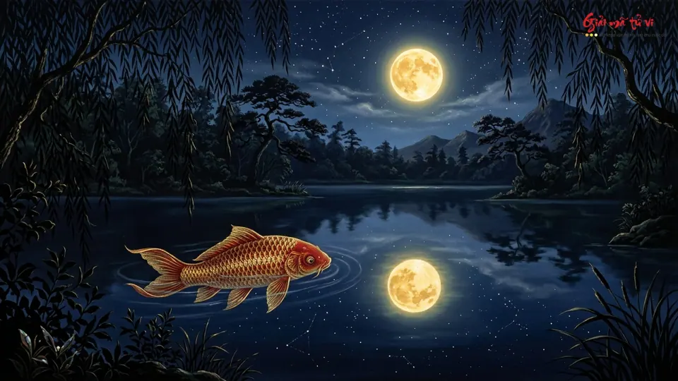 Cá đỏ vàng bên bóng trăng tròn trên hồ, hai bên có cành liễu tối màu