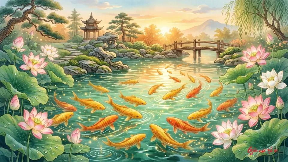 Đàn cá vàng và cam bơi trong hồ sen, phía sau có cầu gỗ, cây và đình dưới ánh sáng ấm