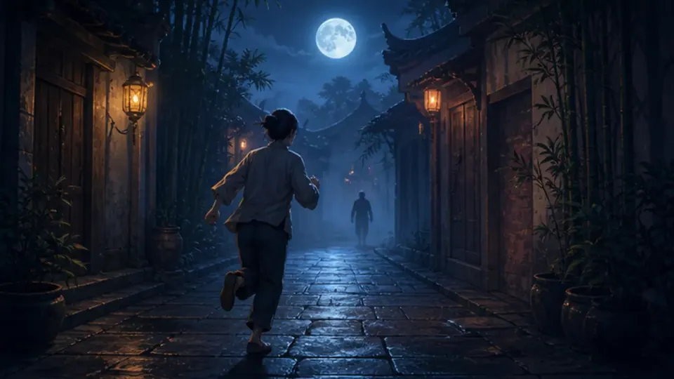 Một người chạy trên ngõ đá dưới ánh trăng, phía trước có bóng người xa và hai bên có đèn lồng