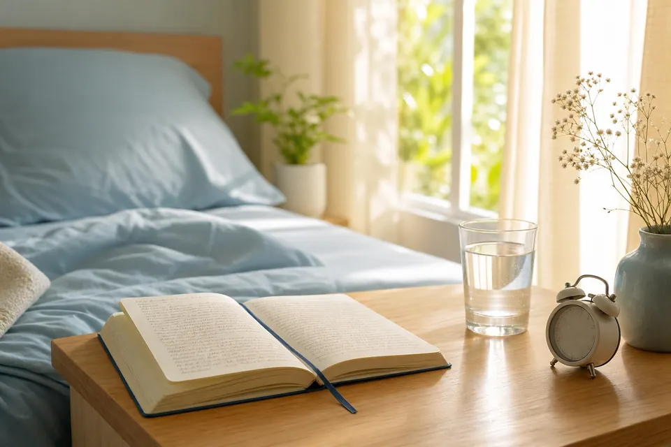 Sổ mở có nét viết đặt cạnh ly nước, đồng hồ và bình hoa trên bàn cạnh giường