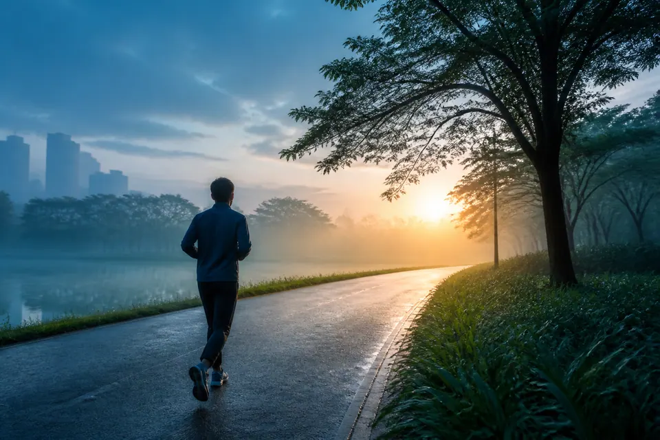 Một người chạy trên đường công viên ven hồ dưới cây xanh trong ánh sáng buổi sớm