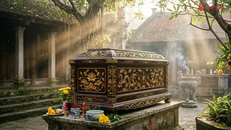 Quan tài đóng nắp chạm hoa văn vàng đặt trên bệ đá, bên cạnh có hoa, nến và đồ gốm