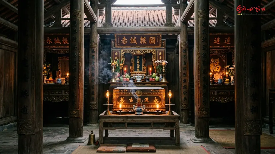 Không gian thờ với bàn gỗ, nến, bình hoa, đồ gốm và khói hương giữa các cột