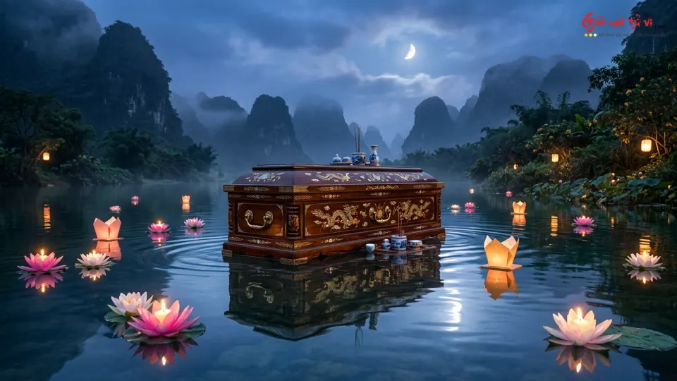 Quan tài trên mặt nước dưới trăng, quanh có đèn hoa sen và bóng núi