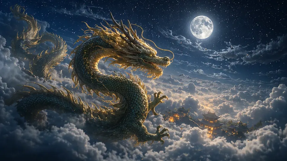 Rồng thân dài xanh sẫm viền vàng uốn giữa mây dưới trăng, phía dưới có mái đền và ánh đèn