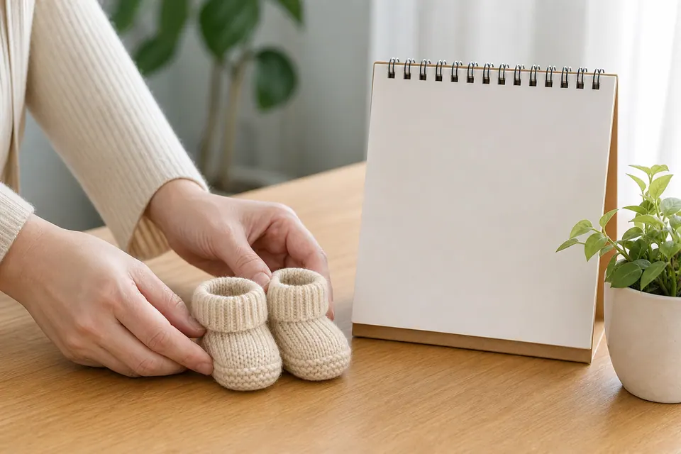 Hai tay đặt đôi giày len nhỏ cạnh trang để bàn trống và chậu cây