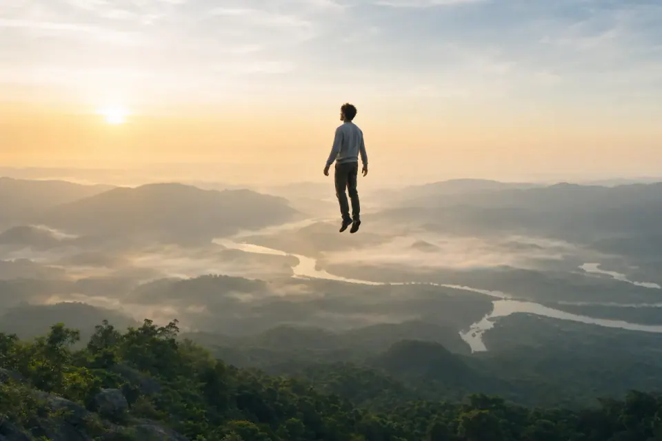 Người mặc áo xám lơ lửng trên thung lũng có sông và núi trong nắng sớm