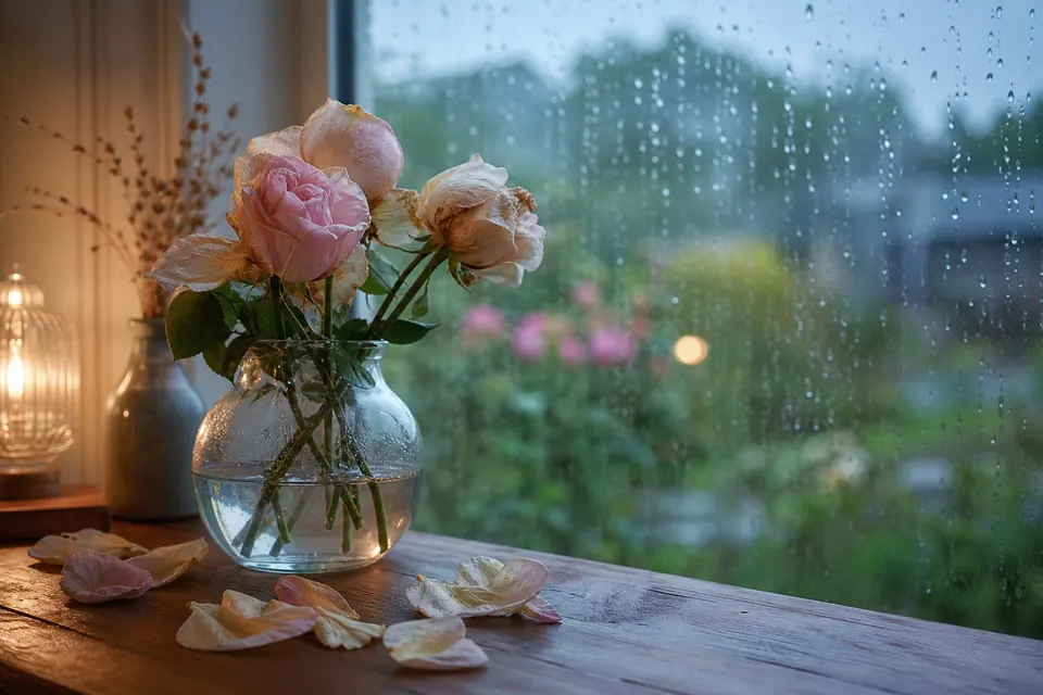 Bình thủy tinh có hoa hồng khô cánh bên cửa kính đọng mưa, cánh rơi trên bàn