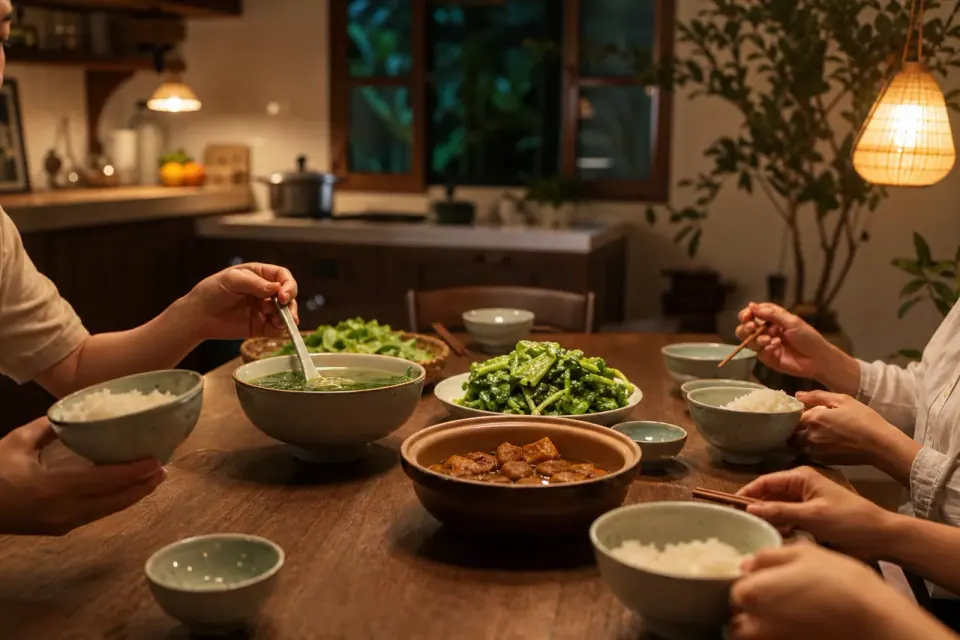 Những người cùng bàn cầm bát cơm và gắp rau, cạnh nồi kho và bát canh
