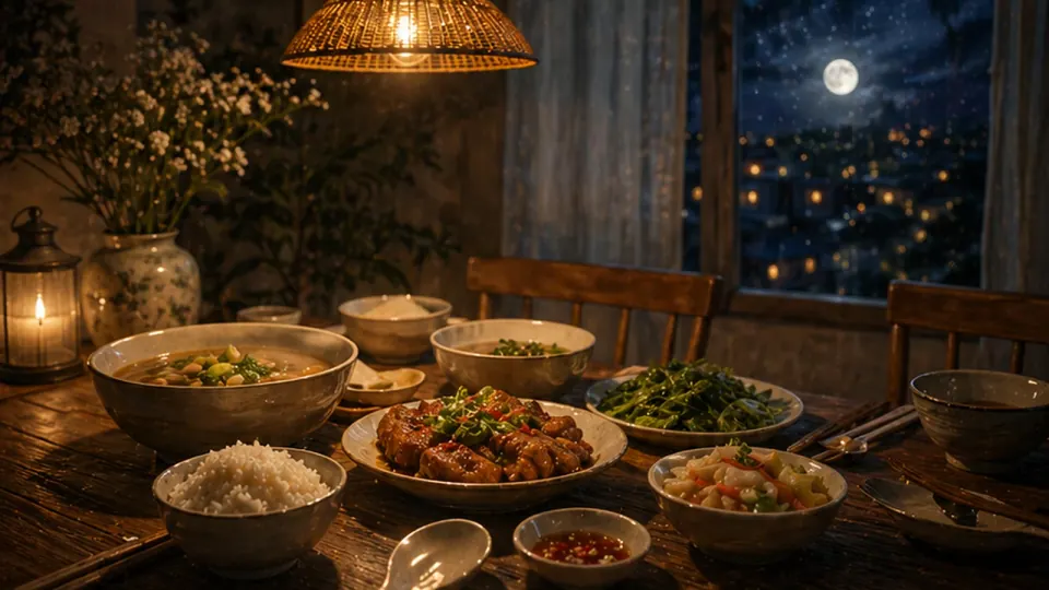 Bàn gỗ có cơm, canh, rau và món kho dưới đèn treo, cửa sổ nhìn ra trăng đêm