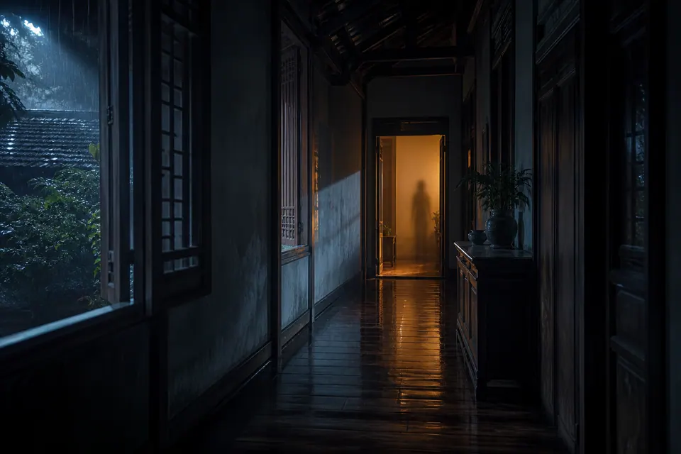 Hành lang tối có cửa sổ nhìn ra sân mưa và bóng người mờ ở ô cửa sáng phía cuối