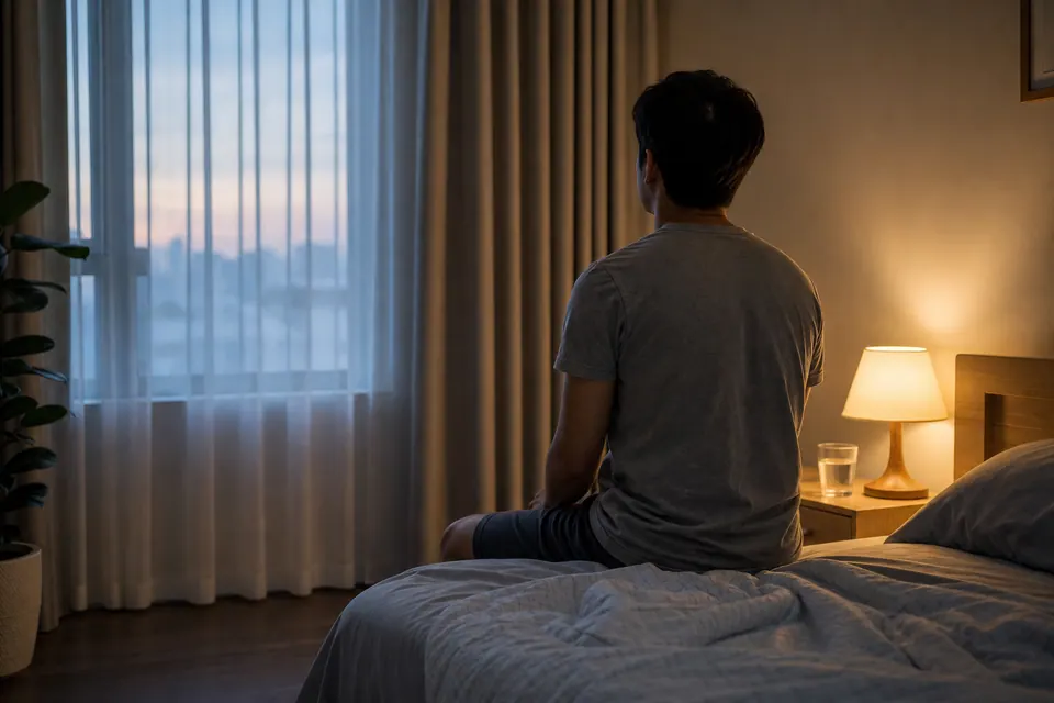 Một người ngồi trên giường quay về phía cửa sổ, cạnh đèn bàn sáng và cốc nước