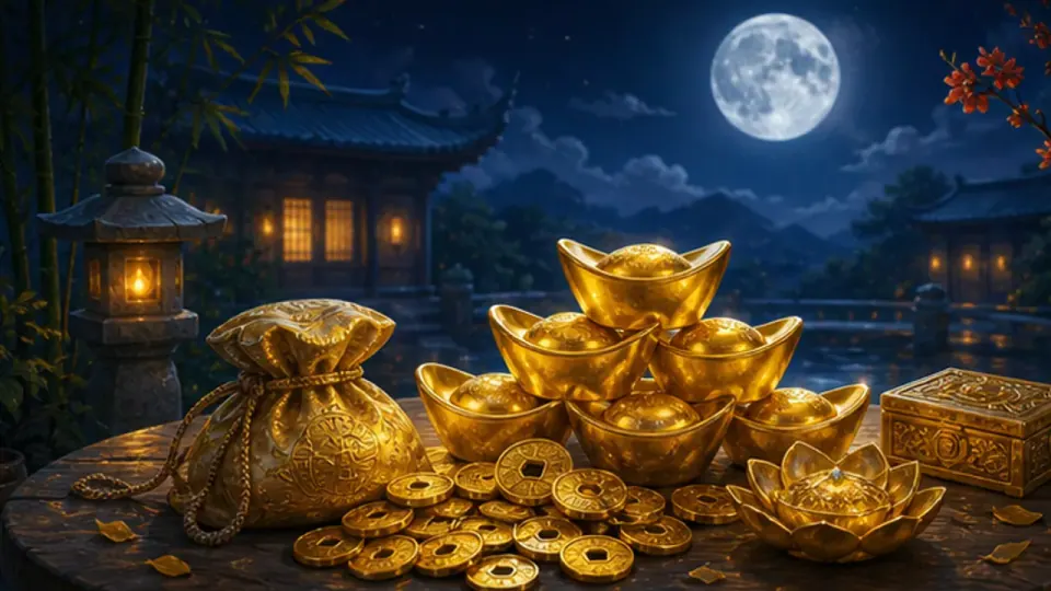 Thỏi hình thuyền và xu màu vàng cạnh túi, hộp và đèn dưới trăng