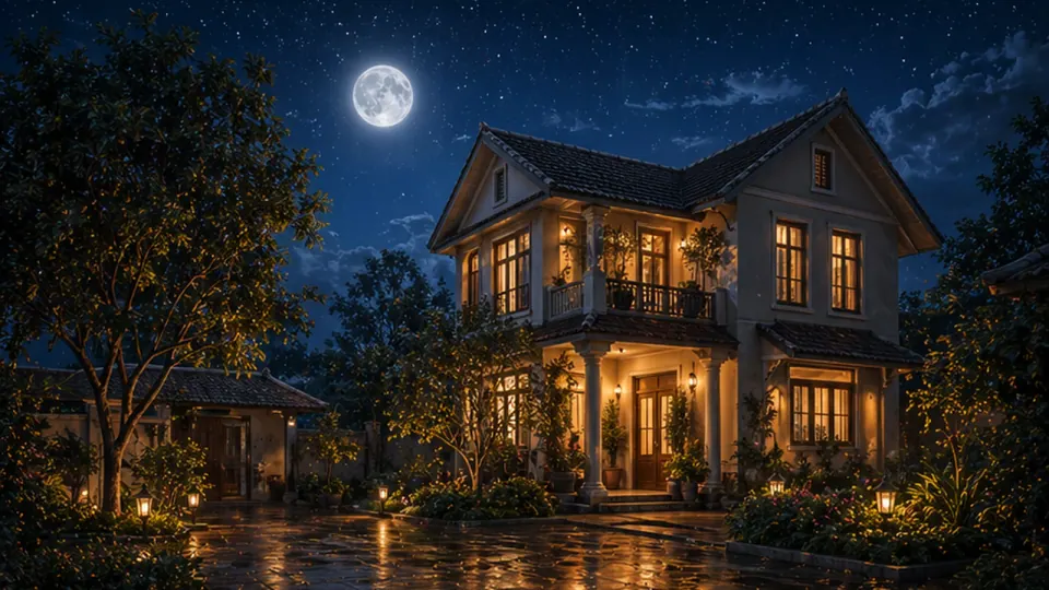 Ngôi nhà hai tầng mái ngói sáng đèn giữa vườn cây, lối đi ướt và trăng tròn