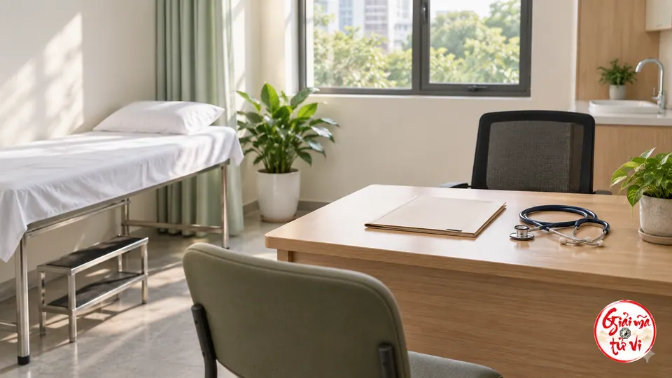 Phòng khám trống có giường phủ khăn trắng, bàn gỗ với hồ sơ đóng và ống nghe, logo ở góc phải dưới