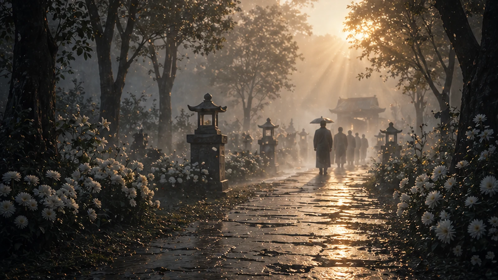 Nhóm người đi trên đường lát đá dưới tán cây, cạnh hoa trắng và đèn đá trong nắng