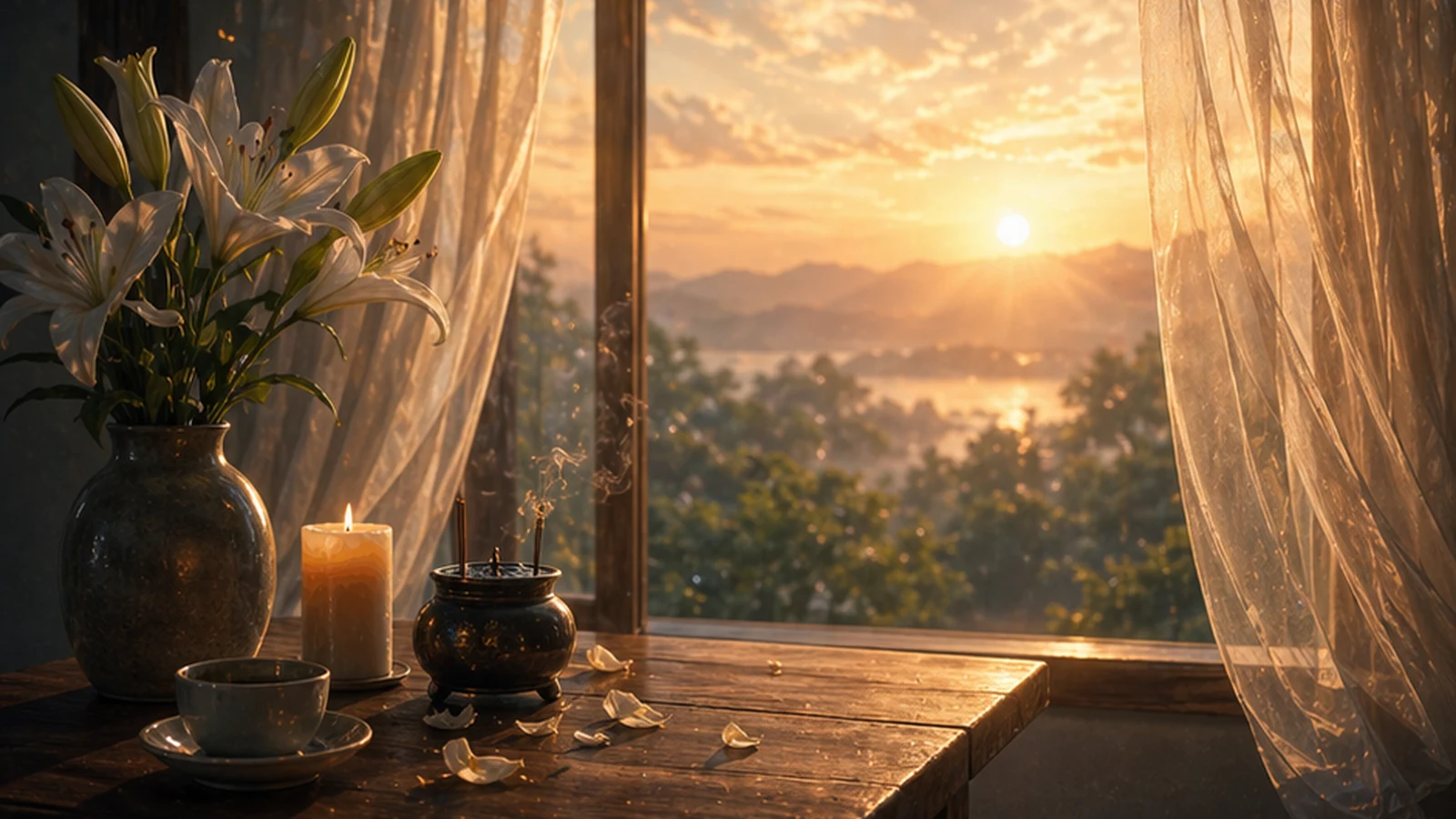 Hoa huệ trắng, nến và lư hương trên bàn cạnh cửa sổ nhìn ra mặt trời thấp và núi