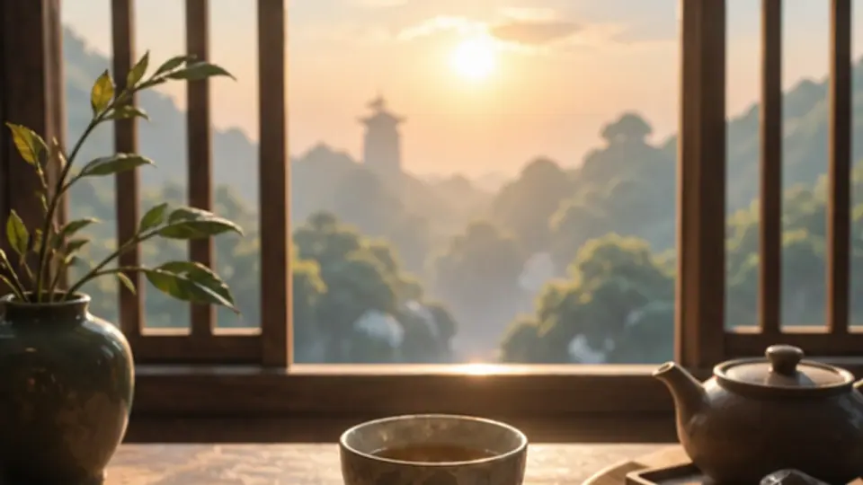 Ấm và chén trà cạnh cửa sổ nhìn ra núi cùng tháp chùa