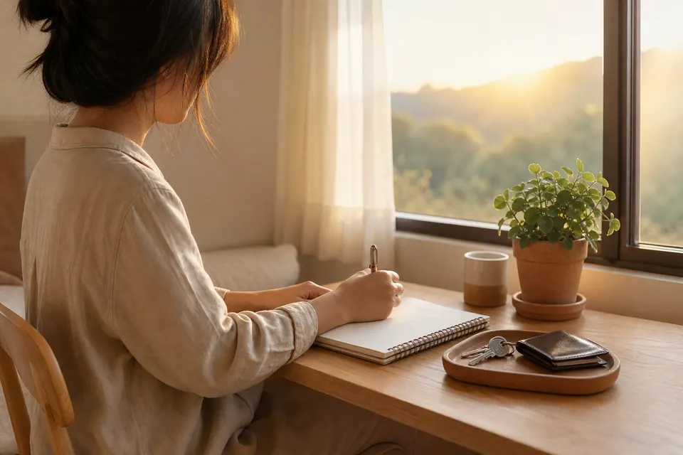 Người phụ nữ cầm bút trước trang sổ trống bên cửa sổ, cạnh khay có ví và chìa khóa