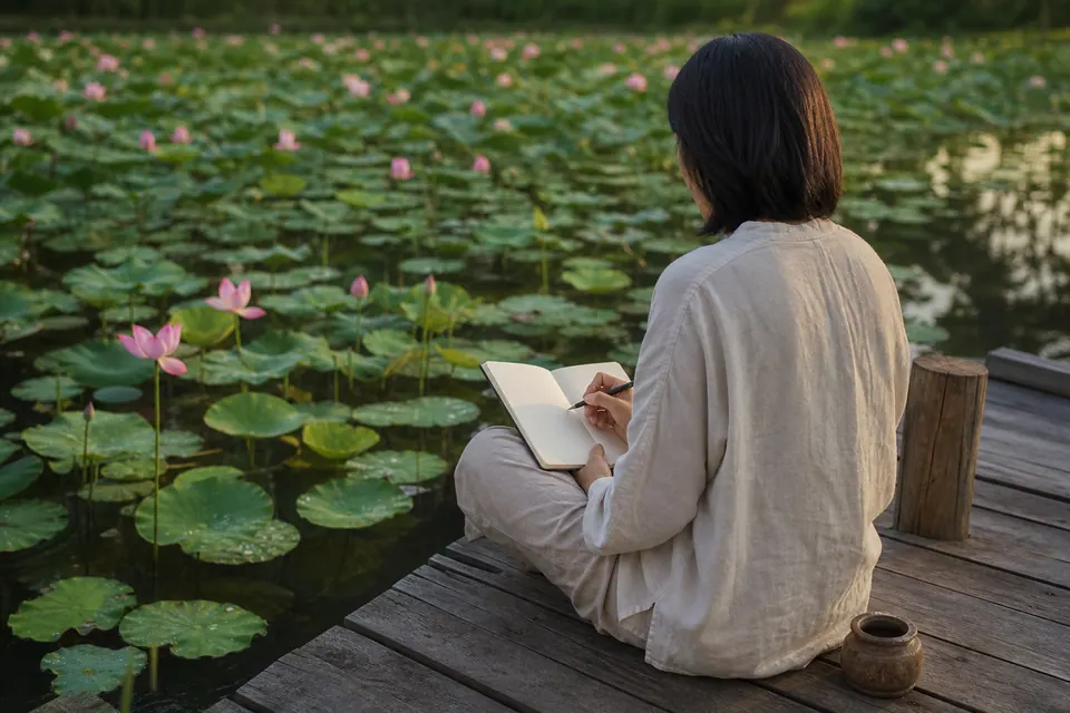 Người ngồi trên sàn gỗ cầm sổ trống và bút cạnh hồ sen hồng