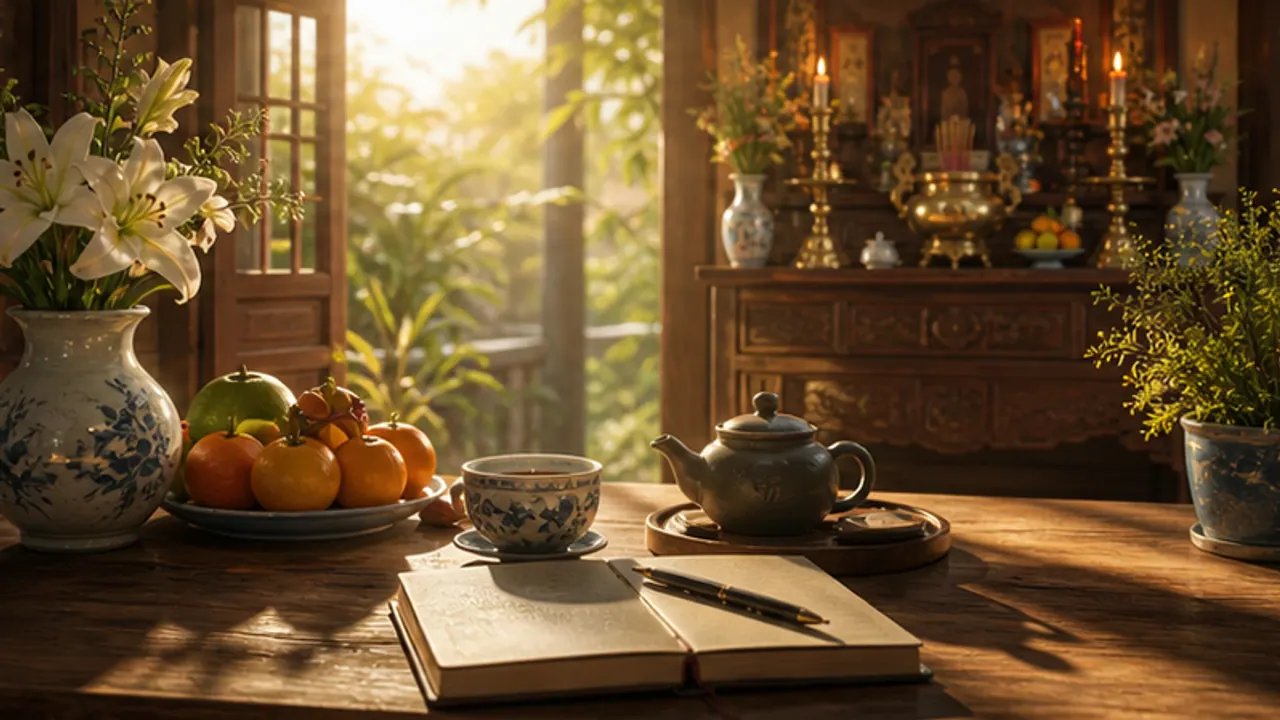 Sổ và bút bên ấm trà, chén, hoa trắng và đĩa quả; phía sau là gian thờ