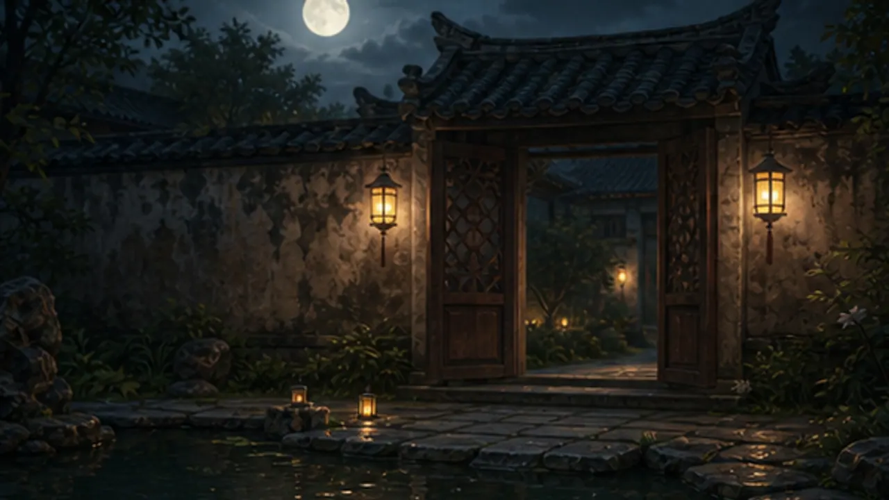 Cổng gỗ mở, tường đá và đèn bên mặt nước dưới trăng