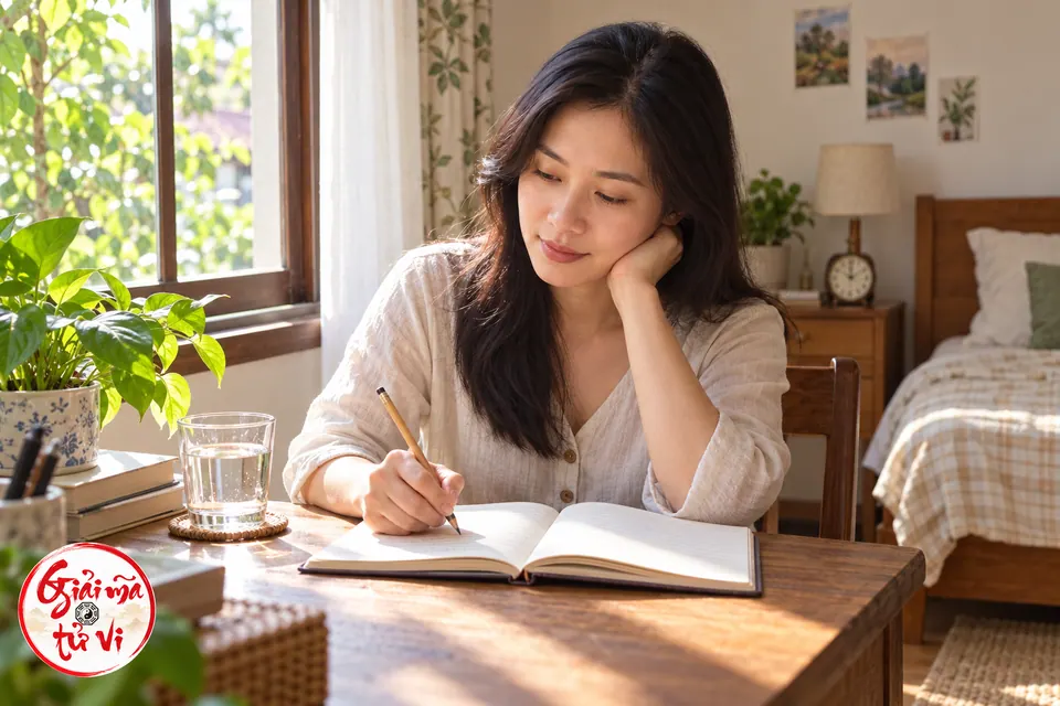 Người phụ nữ ghi sổ bằng bút chì bên cửa sổ sáng và cốc nước