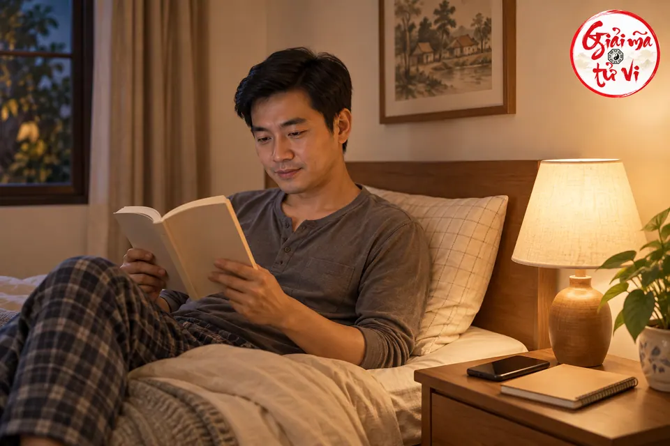 Người đàn ông đọc sách trên giường dưới đèn ấm, cạnh sổ và điện thoại đã đặt xuống