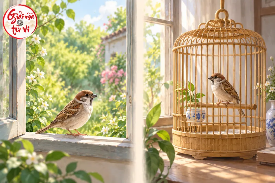 Hai cảnh đặt cạnh nhau: chim đậu ngoài cửa sổ và chim đậu trong lồng tre
