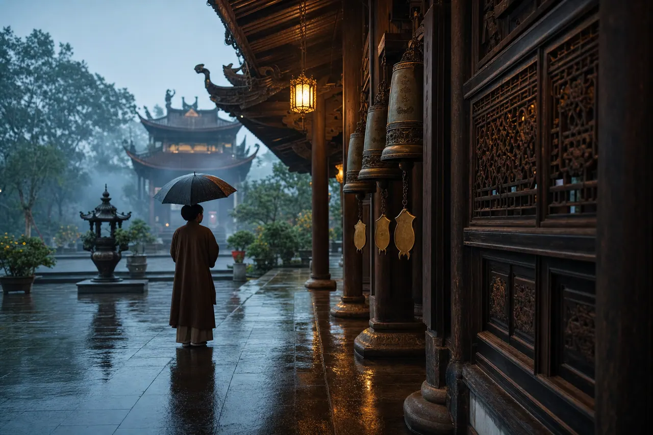 Lối đi hành lang chùa rợp bóng cây xanh mang lại cảm giác an yên