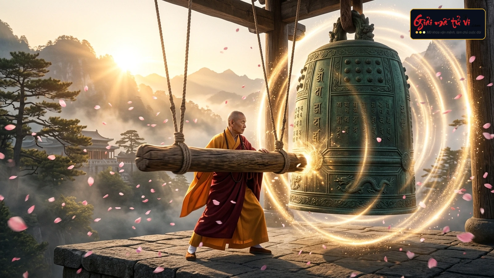Nhà sư cầm chày gỗ khổng lồ thỉnh Đại Hồng Chung, sóng âm hoàng kim lan tỏa xua tan bóng tối và mây mù u ám