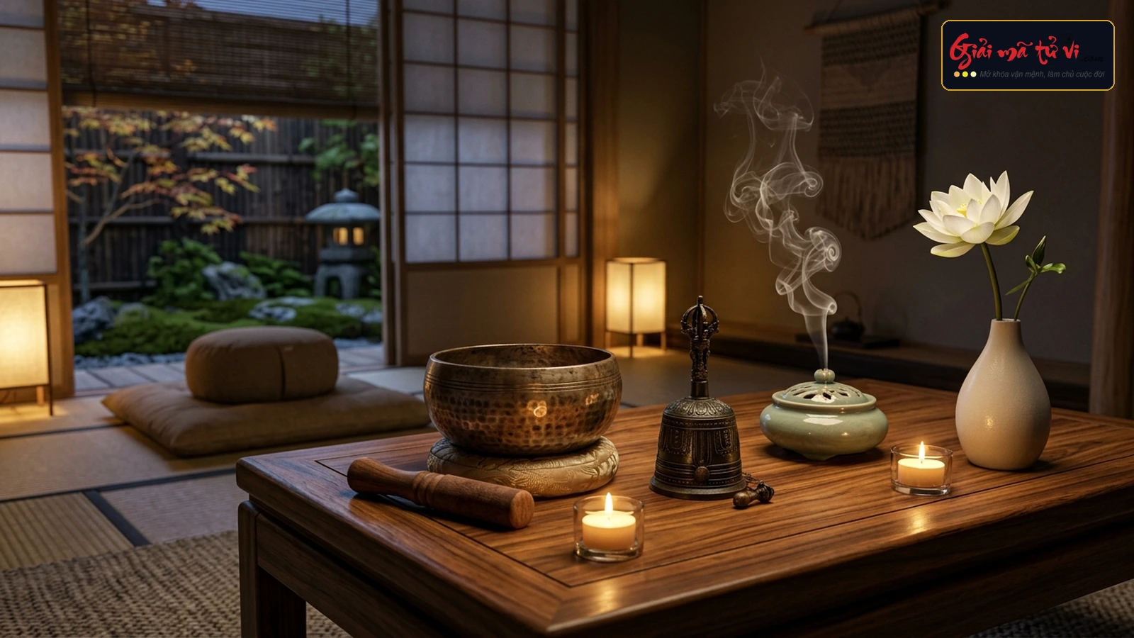 Không gian thiền tịnh trang nhã phong cách Á Đông với chuông xoay Tây Tạng, chuông đồng phong thủy, hoa sen trắng, nến thơm và lư hương trầm tỏa khói an tịnh