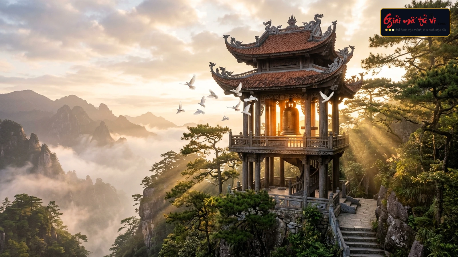 Tháp chuông chùa cổ kính uy nghiêm trên đỉnh núi đá linh thiêng mờ ảo sương khói, đàn chim bồ câu trắng tung cánh bay quanh chuông đồng lớn