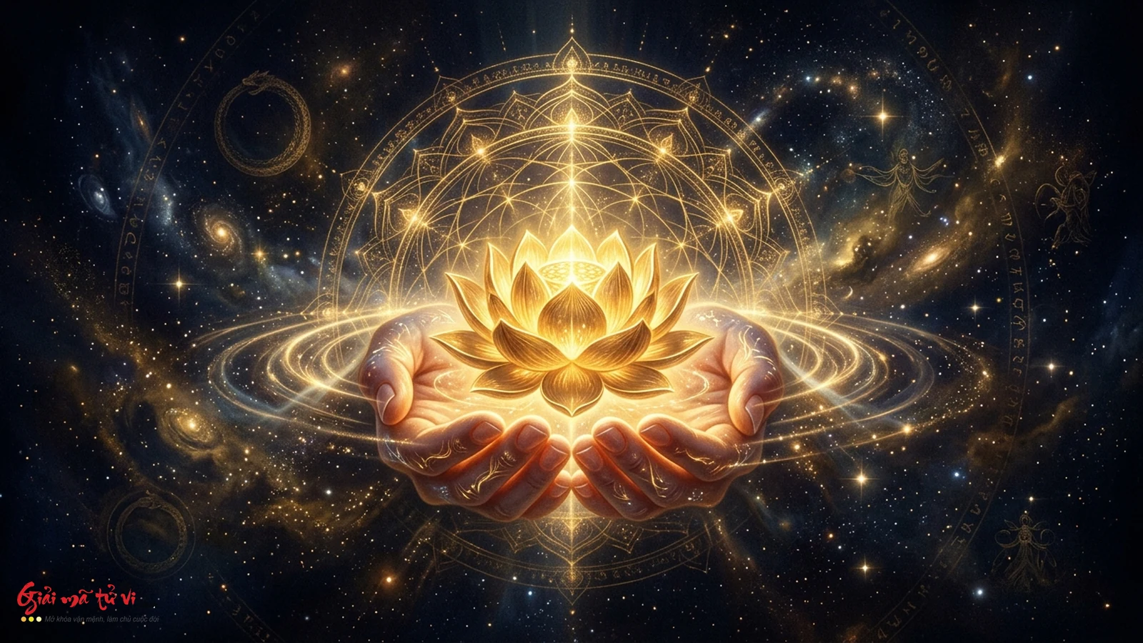 Bàn tay nâng niu ngọn hoa đăng sen vàng tỏa ánh hào quang tâm thức giữa vũ trụ Mandala - Cổ mẫu ánh sáng dẫn lối và chữa lành của Carl Jung