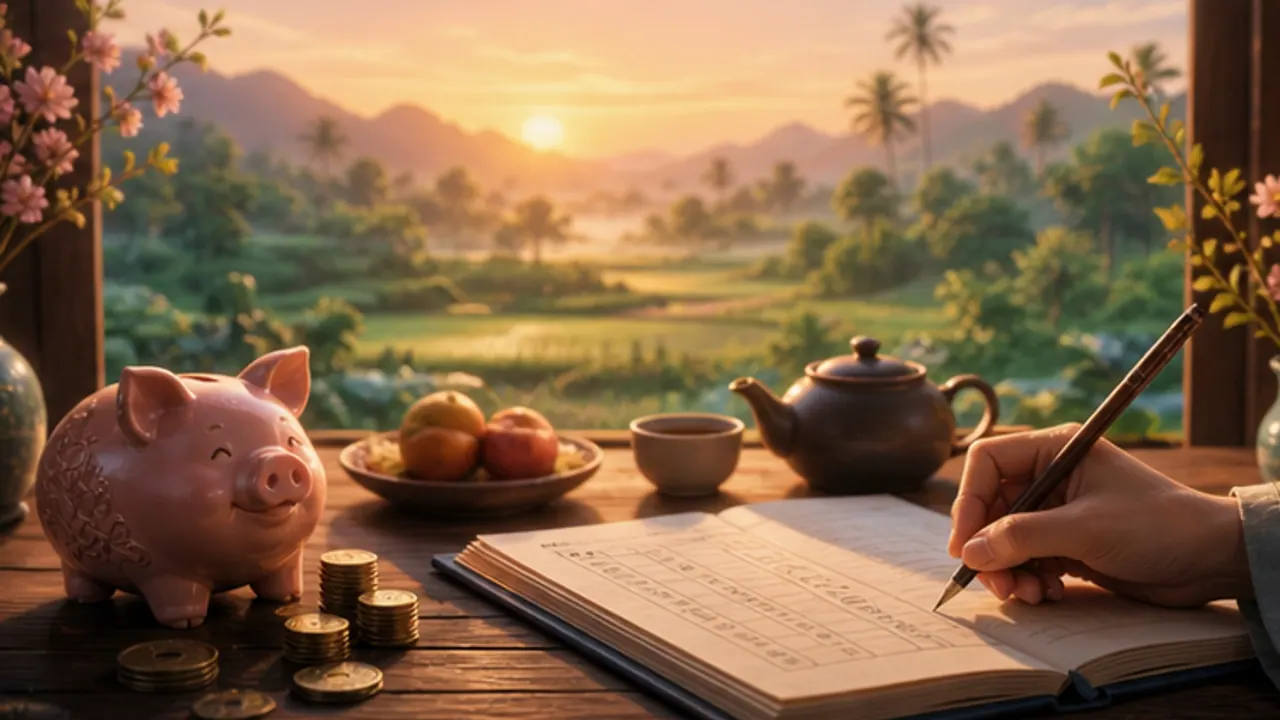 Một bàn tay cầm bút trên sổ cạnh heo đất, đồng tiền, ấm trà và đĩa quả, phía xa là ruộng dưới nắng