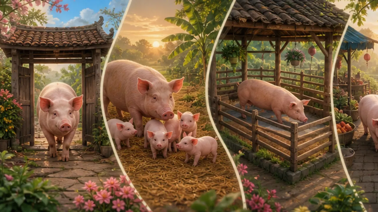 Bốn lát cảnh lợn ở cổng, lợn lớn với đàn con, lợn trong chuồng và một con ở mép sân
