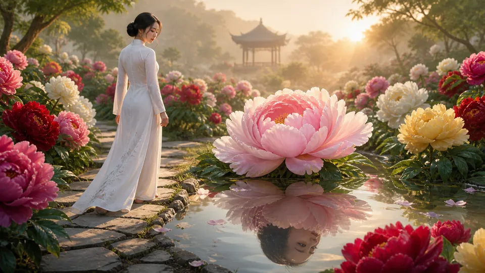 Người phụ nữ trong giấc mơ bước qua vườn mẫu đơn và nhìn thấy hình ảnh bản thân phản chiếu