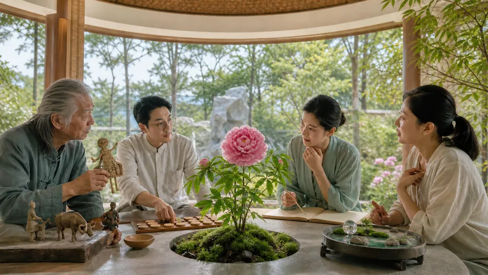 Bốn người quan sát cùng diễn giải biểu tượng giấc mơ hoa mẫu đơn từ các góc tiếp cận khác nhau