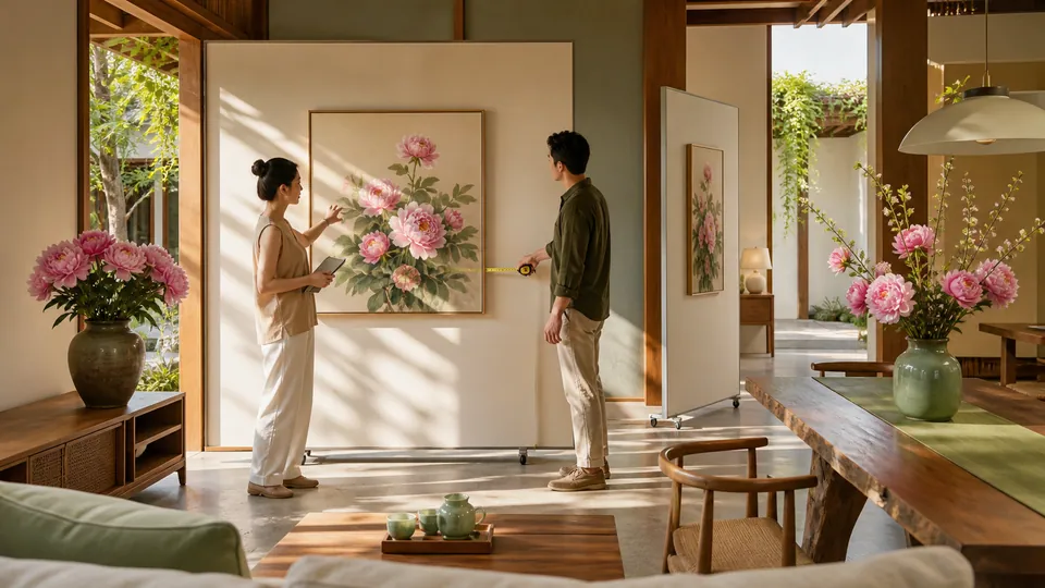 Gia chủ và nhà thiết kế thử vị trí tranh cùng bình hoa mẫu đơn trong không gian sống